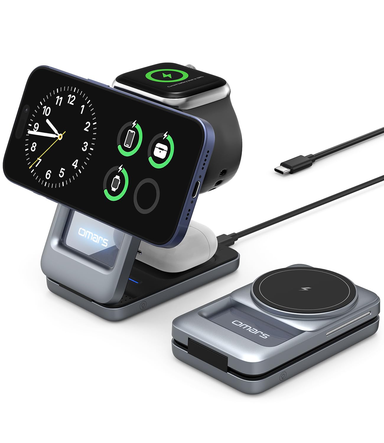 Omars 3-in-1 Magsafe Ladestation 15W für iPhone, Apple Watch & AirPods | Faltbar Design, Verstellbares Nachtlicht, Magsafe Ladegerät für iPhone 18/17/16/15/14/13, Apple Watch 3-11, AirPods Pro