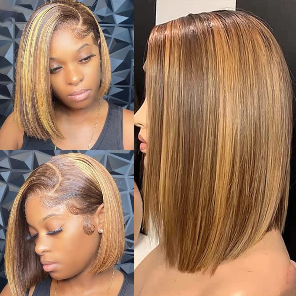Sponsored Ad – Brown With Honey Blond Highlight Bob Human Hair Lace Front Wigs for Black Women 13x4 Frontal Wigs Human Hair Pre Plucked Glueless Straight Bob Wigs with Baby Hair 150% 16 Inch