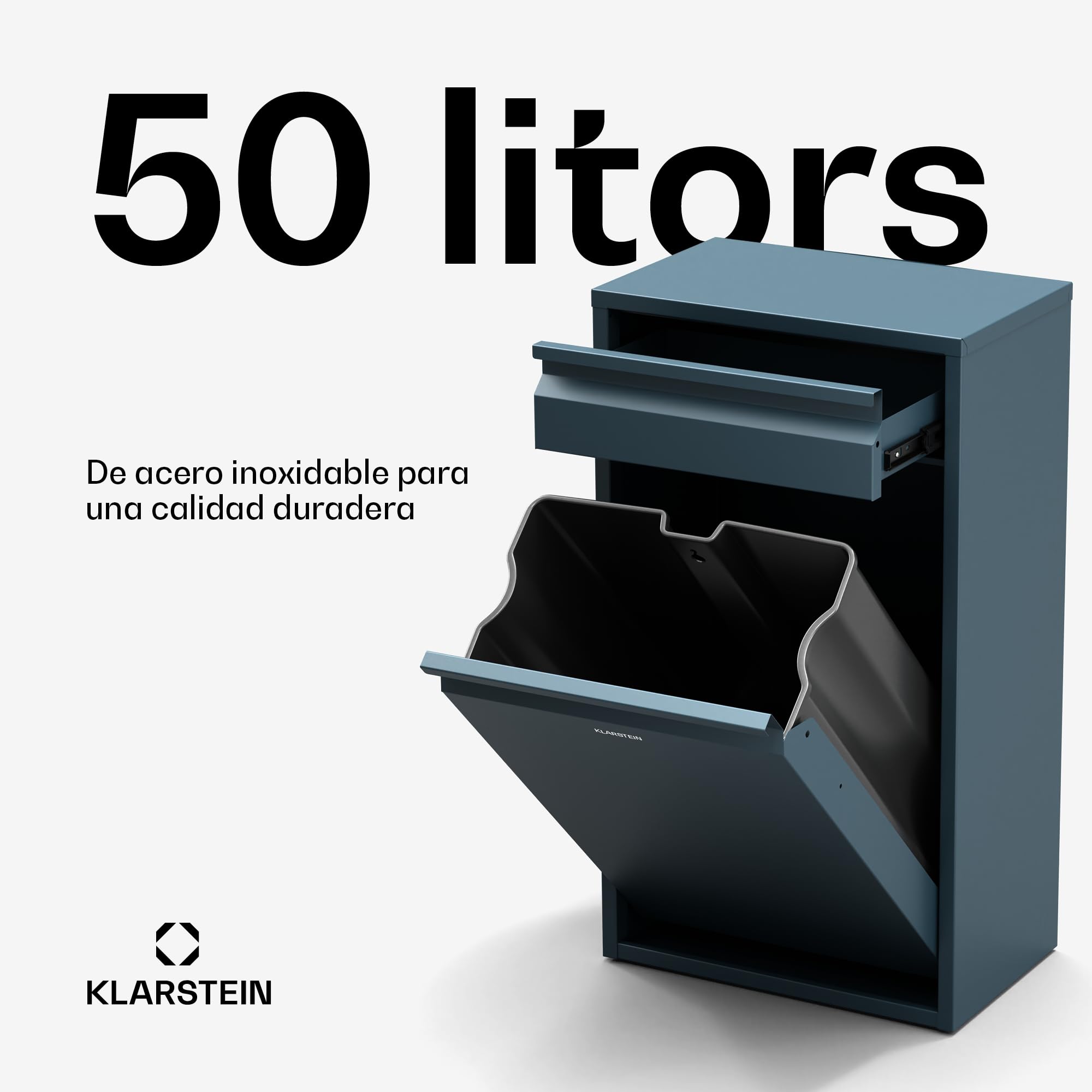 KLARSTEIN Tiyo 3-En-1 Cubo De Basura Cocina – 50 L Separación De Residuos con Pedal Y Tapa Soft-Close, De Acero Inoxidable, Cubos Extraíbles, Etiquetas para Clasificación, Antracita