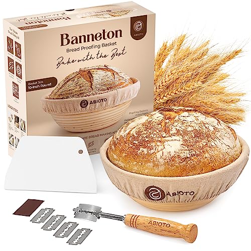 ABIOTO Banneton Bread Proofing Basket Set - A Complete Kit Including 10-Inch Brotform Basket, Bread Lame, Dough Scraper & Linen Liner - Odor-Free & No Splinters - Perfect for Shaping Sourdough Bread