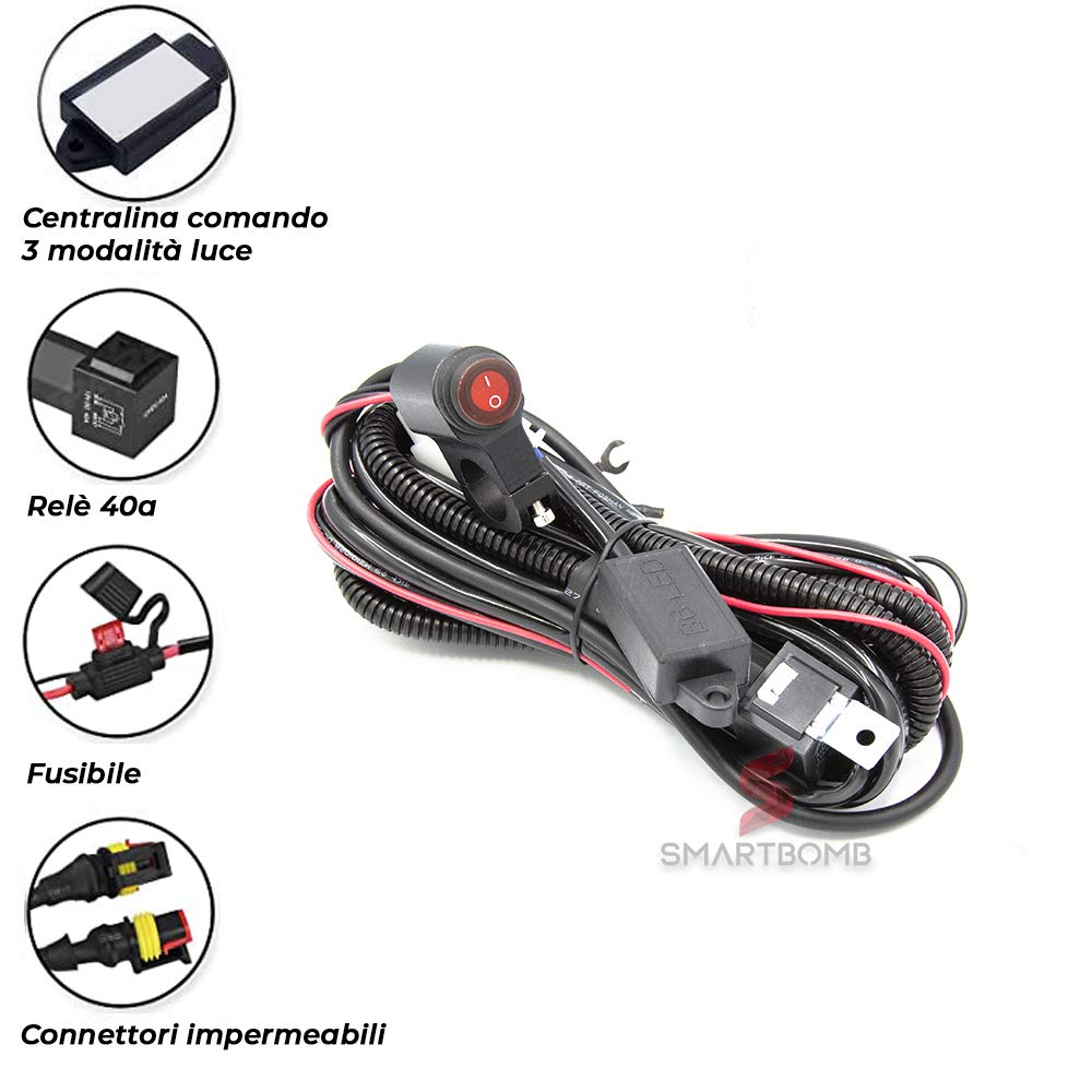 Cablaggio moto 3 modalità luce faretti supplementari + pulsante IP67 + Fusibile Universale
