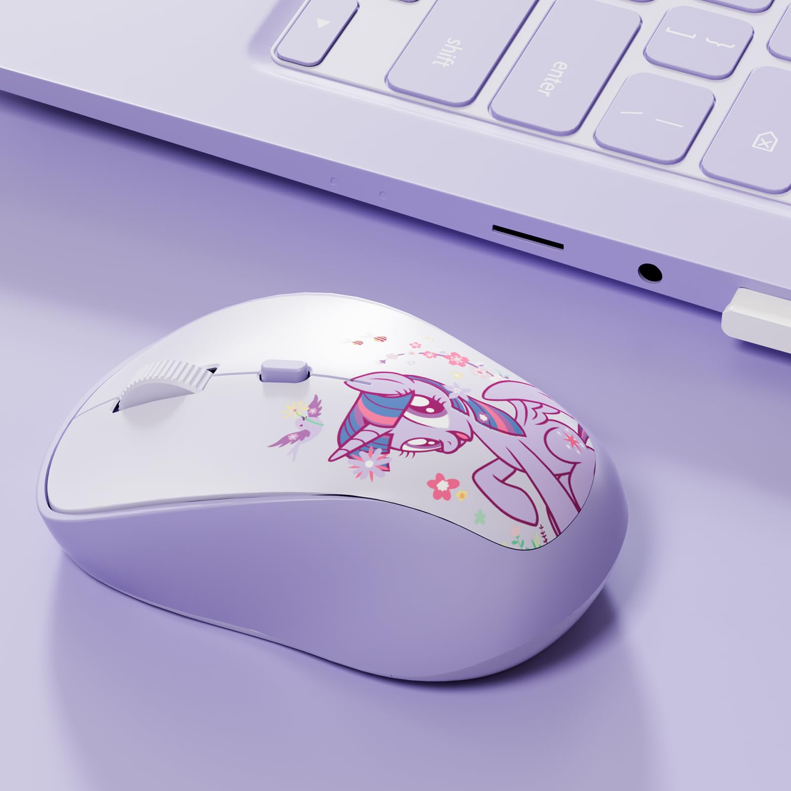 My Little Pony Twilight Sparkle Mouse wireless – Mouse silenzioso a 4 pulsanti con 3 DPI regolabili (1000/1200/1600), 2,4 GHz wireless per Windows/Mac, design compatto ed ergonomico, viola