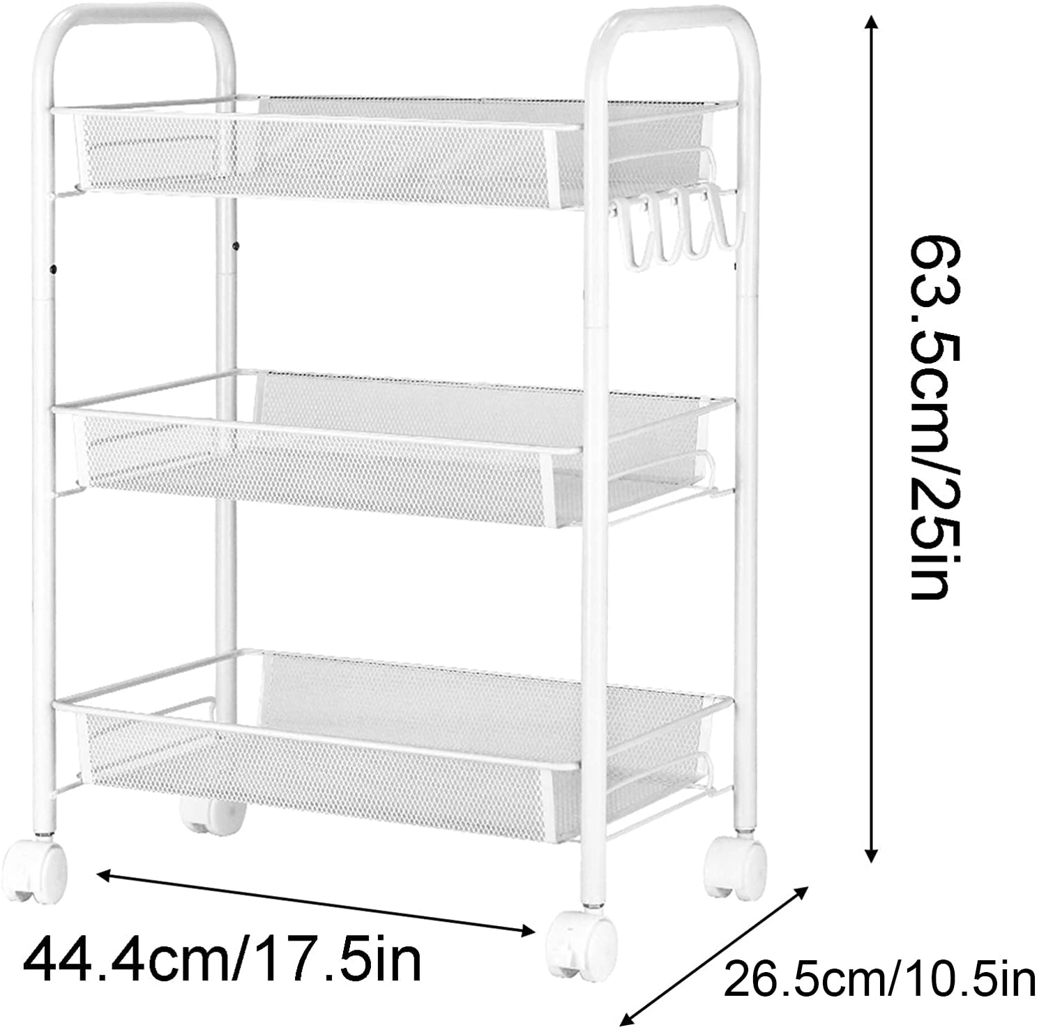 Carrello portaoggetti, con Ruote in Rete Carrello Portaoggetti Mobile in Metallo Multiuso con Due Ruote Bloccabili e Quattro Ganci, per Cucina, Bagno, Soggiorno, Studia, Camera da Letto (Bianca)