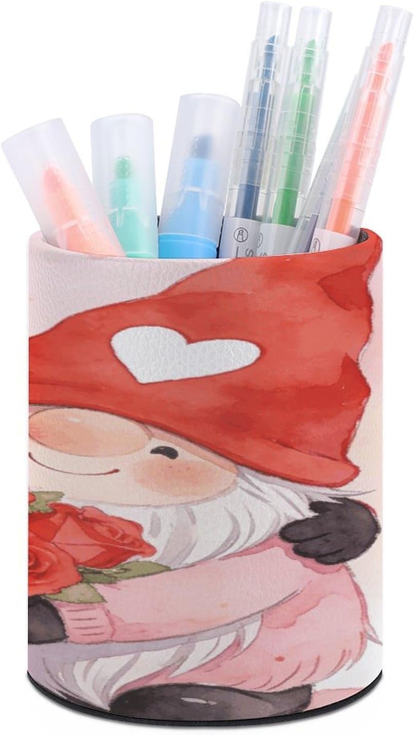 Valentines Gnomes Round PU Leather Pen Holder Cup
