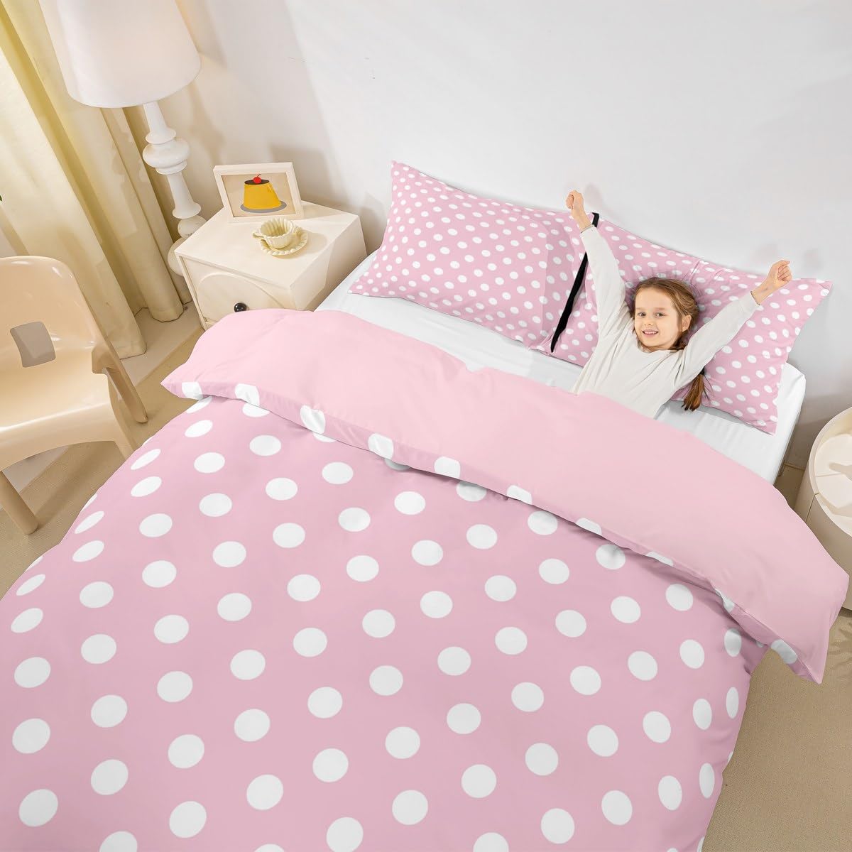 Manfei Polka Dots Duvet Cover Set Queen Size,Cartoon French Style Princess Pink White Bedding Set,Young Teens Room Decor,Modern Geometric Circles Abstract Simple Art Quilt Cover,No Comforter