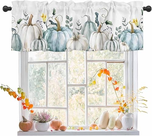 Cortina de cenefas de otoño con diseño de calabaza azul, para Acción de Gracias, cortinas de cocina con hojas y plantas, decoración de ventana para