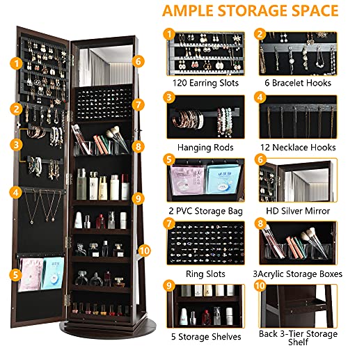 Lvsomt 360° Swivel Jewelry Cabinet With Full-Length Mirror, Lockable Jewelry Organizer, Freestanding Mirror Jewelry Armoire, Mirror With Jewelry Storage, Rear Storage Shelves(A-Dark Brown) #TOP5