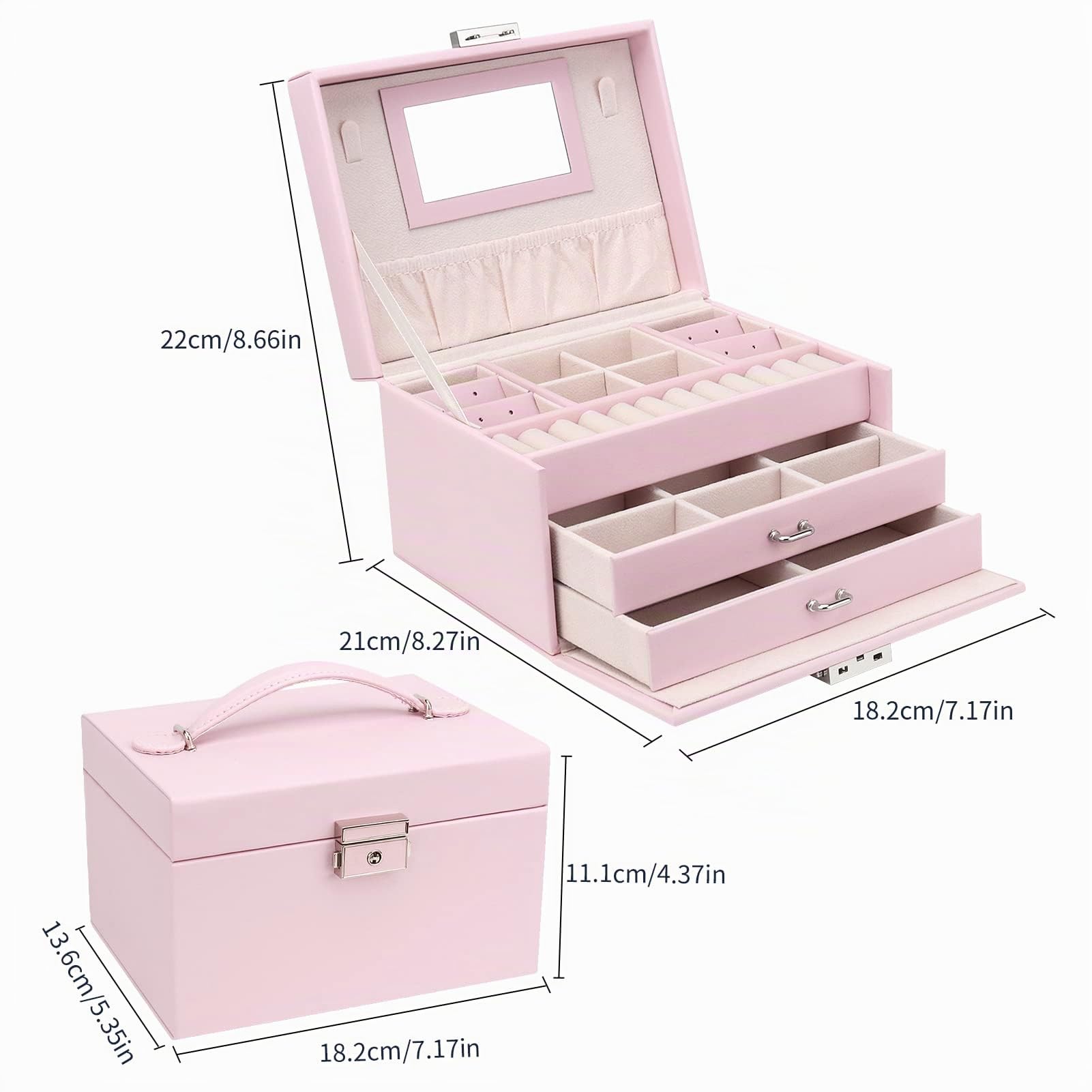 Caja joyero, Organizador de Joyas Grande con Cajón y Cerradura, Organizador Joyas Joyeros Organizador de 3 Niveles con Espejo, Caja organizadora para Collares Pendientes, Anillos, Rosa