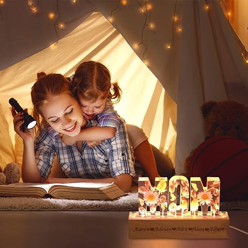 Miniatura 7 de Ozinna Lámpara de flores personalizada para mamá, nombre de flor seca personalizable, luz nocturna de resina epoxi, luces del alfabeto de resina de