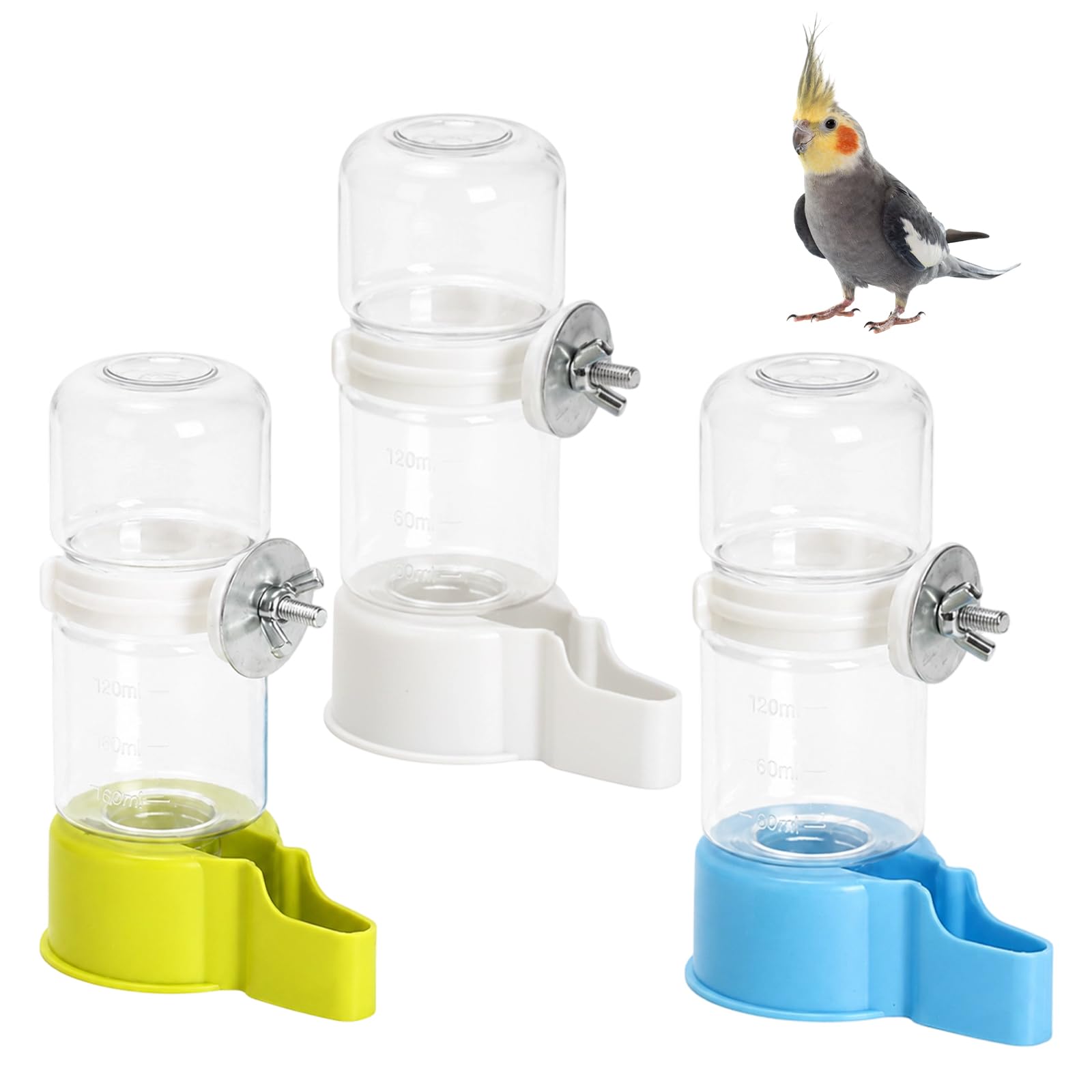 Bird Water Feeder, 3 Piece Set with White Green Blue Bases, Automatic Bird Water Dispenser for Cages, Hanging Water Feeder Replacement for Budgies and Small Birds, Leak-Proof Design for Extended Unatt