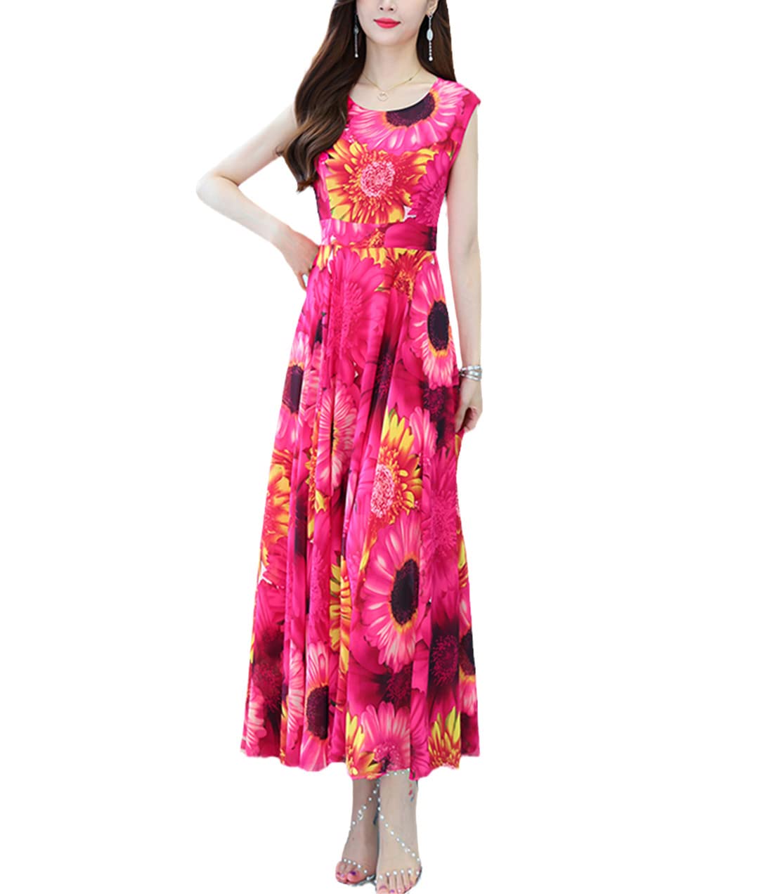 Suwequest Abito estivo da donna, in chiffon, con motivo floreale, elegante, da spiaggia, da sera