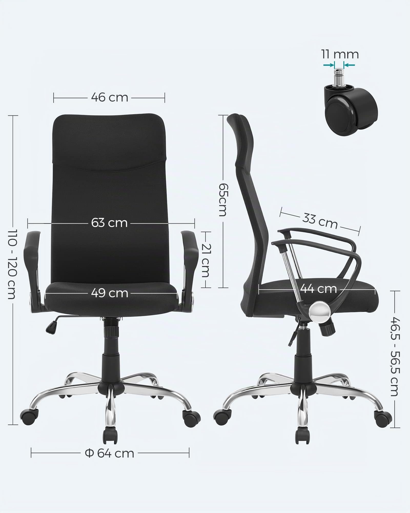 SONGMICS Sedia da Ufficio, Sedia da Scrivania Ergonomica, Girevole, Seduta Imbottito, Regolabile in Altezza e Inclinabile, Portata di 120 kg, Nero OBN034B01