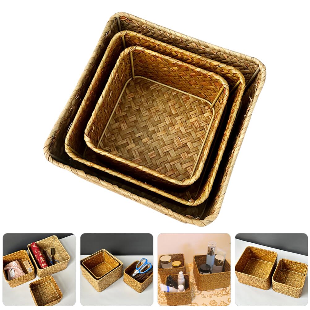 Alipis 3pièces Panier Mer Herbe Tissée Boîte De Rangement Carrée Multifonctionnelle Pour Cuisine Panier Pour Organiser Vos Affaires Maison