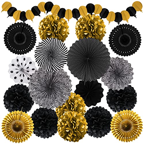 Recosis Black and Gold Decorations, Paper Pompoms Fan for Graduation Birthday Wedding Prom Night New Years Black and Gold Party Decorations