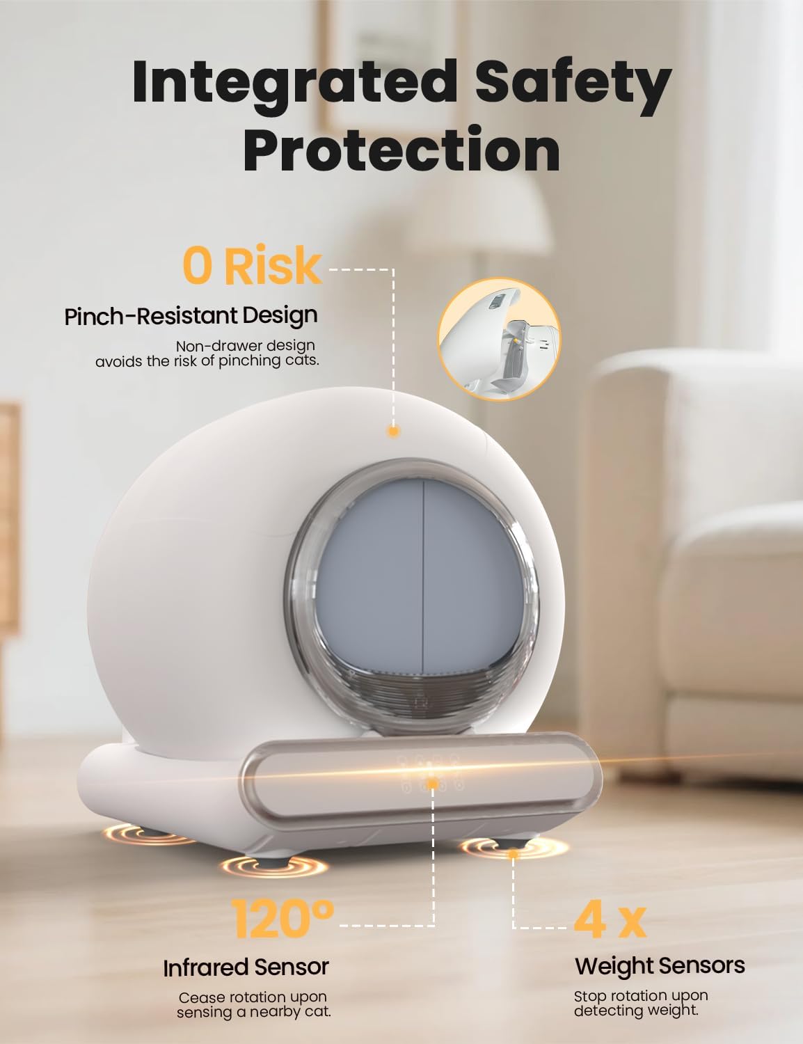 Self Cleaning Litter Box, Integrated Safety Automatic Cat Litter Box Self Cleaning 65L+9L for Multiple Cats, App Control, Odor Removal, Includes Mat & Liner (3 Rolls) - White