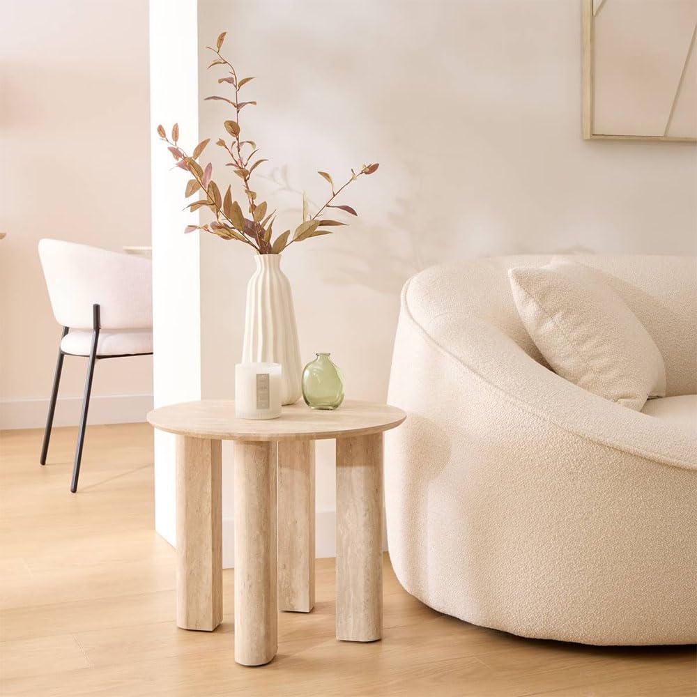 Eazy Living Table d’Appoint Ø 50,5 cm Maena Effet Travertin