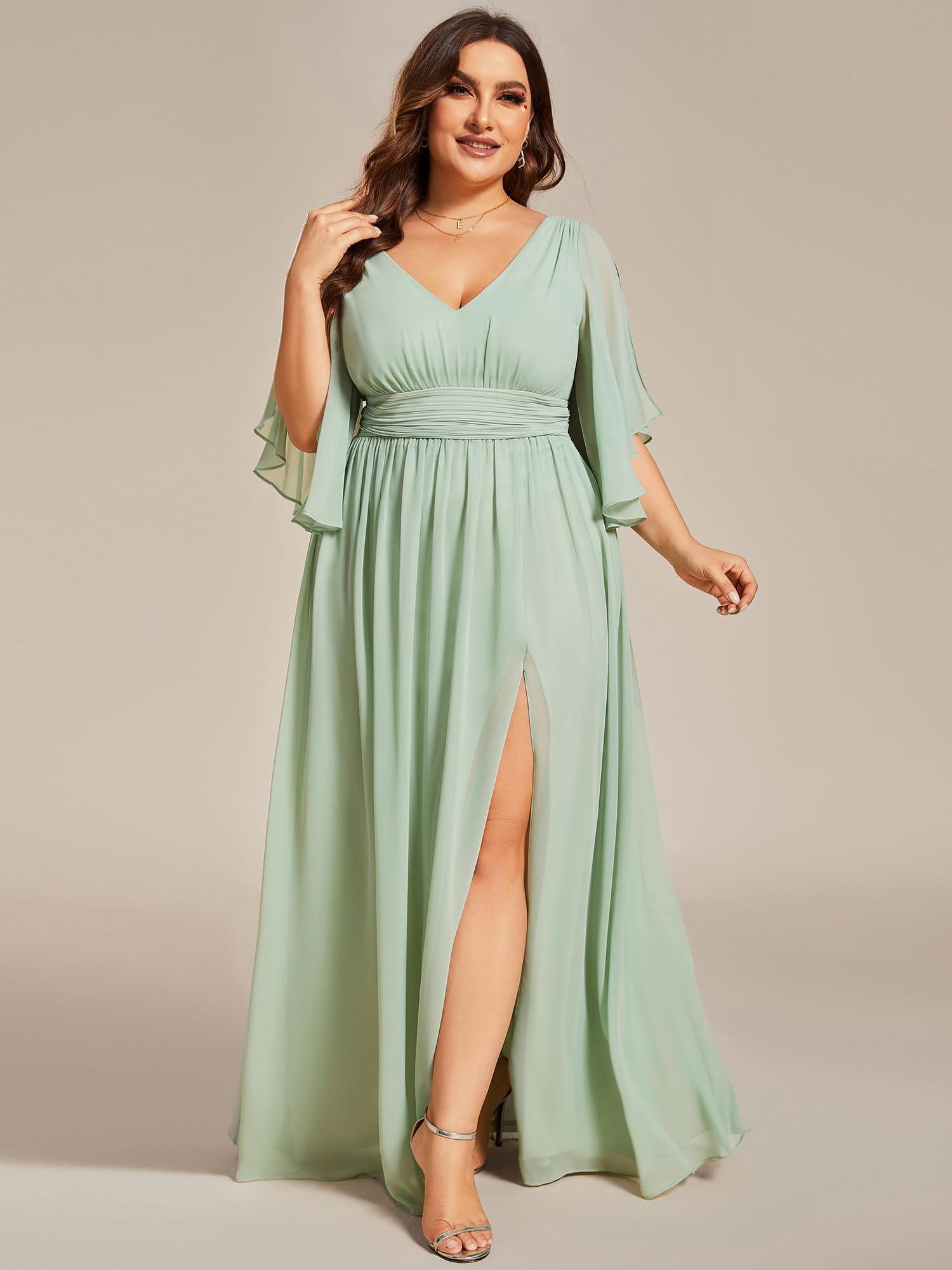 Ever-Pretty Plus Abito da damigella d'onore da donna Plus Size scollo a V mezza manica fessura una linea di lunghezza al pavimento 01886-DA, Verde menta, 58