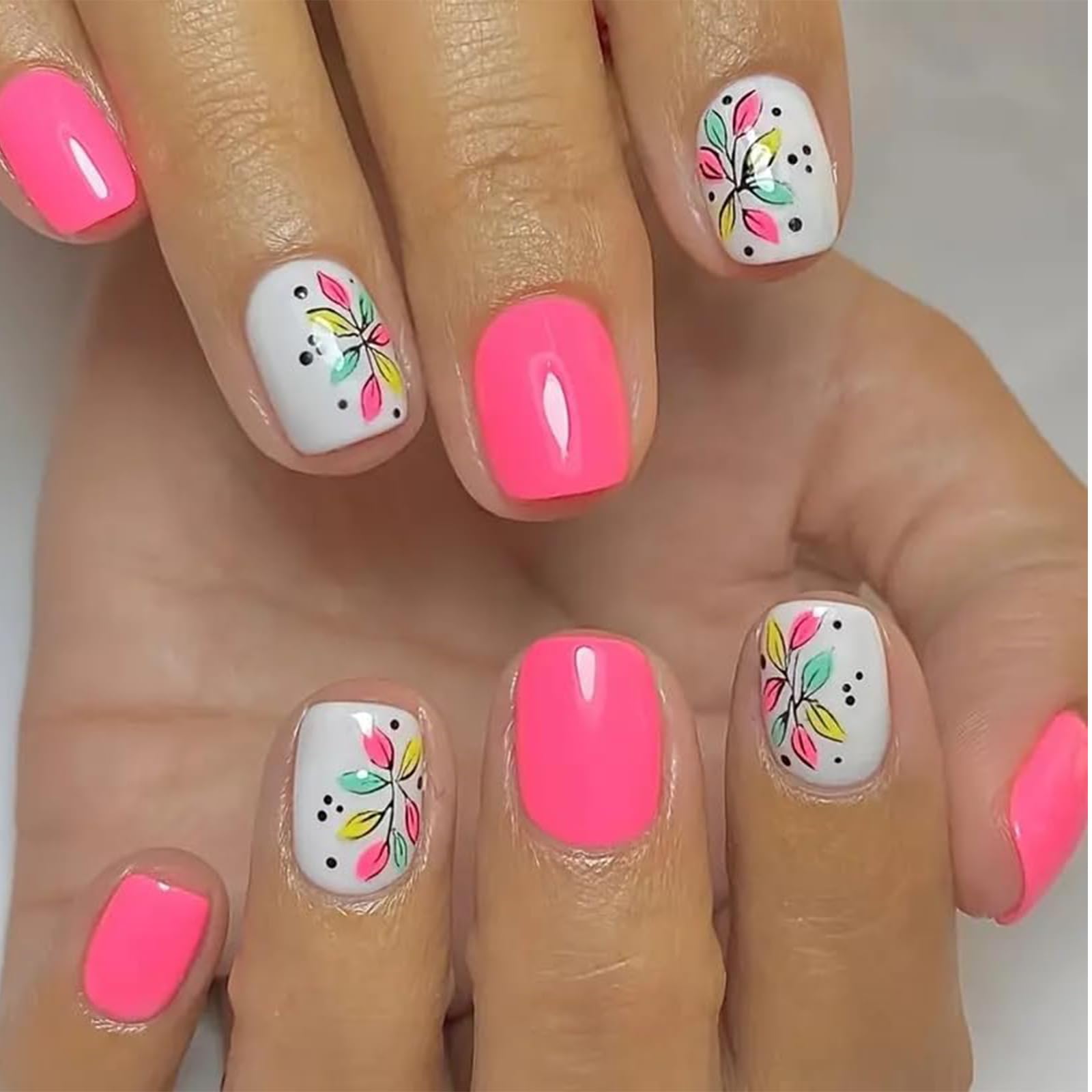 GlamRays 24 Stück Blumen Press on Nails Kurz Quadratisch Falsche mit Design Cute Falsche Nägel Vollständige Abdeckung Glanz Stick on Nägel Frühlingsnägel Kleben Nägel Rosa