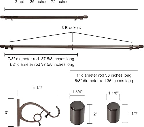 Miniatura 3 de Kemmie Barra de cortina de tratamiento de ventana de 1 pulgada con remates de tapa cilíndrica, barra de cortina doble longitud ajustable 36-72
