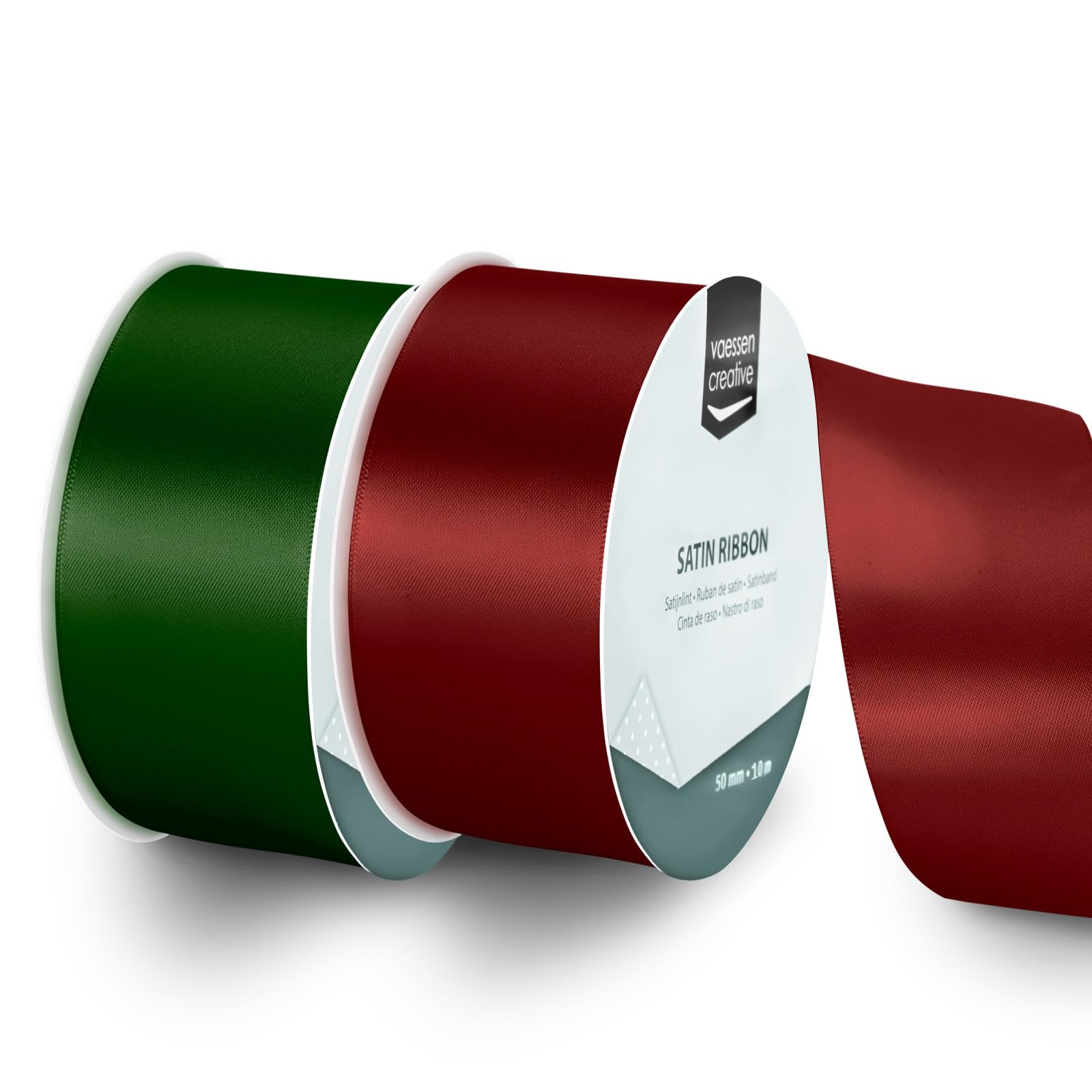 Vaessen Creative Satin Ribbon Set - 2 Christmas Colours of 32.8 ft x 2" - Green & Red - Thin Ribbon for Gift Wrapping and Crafting
