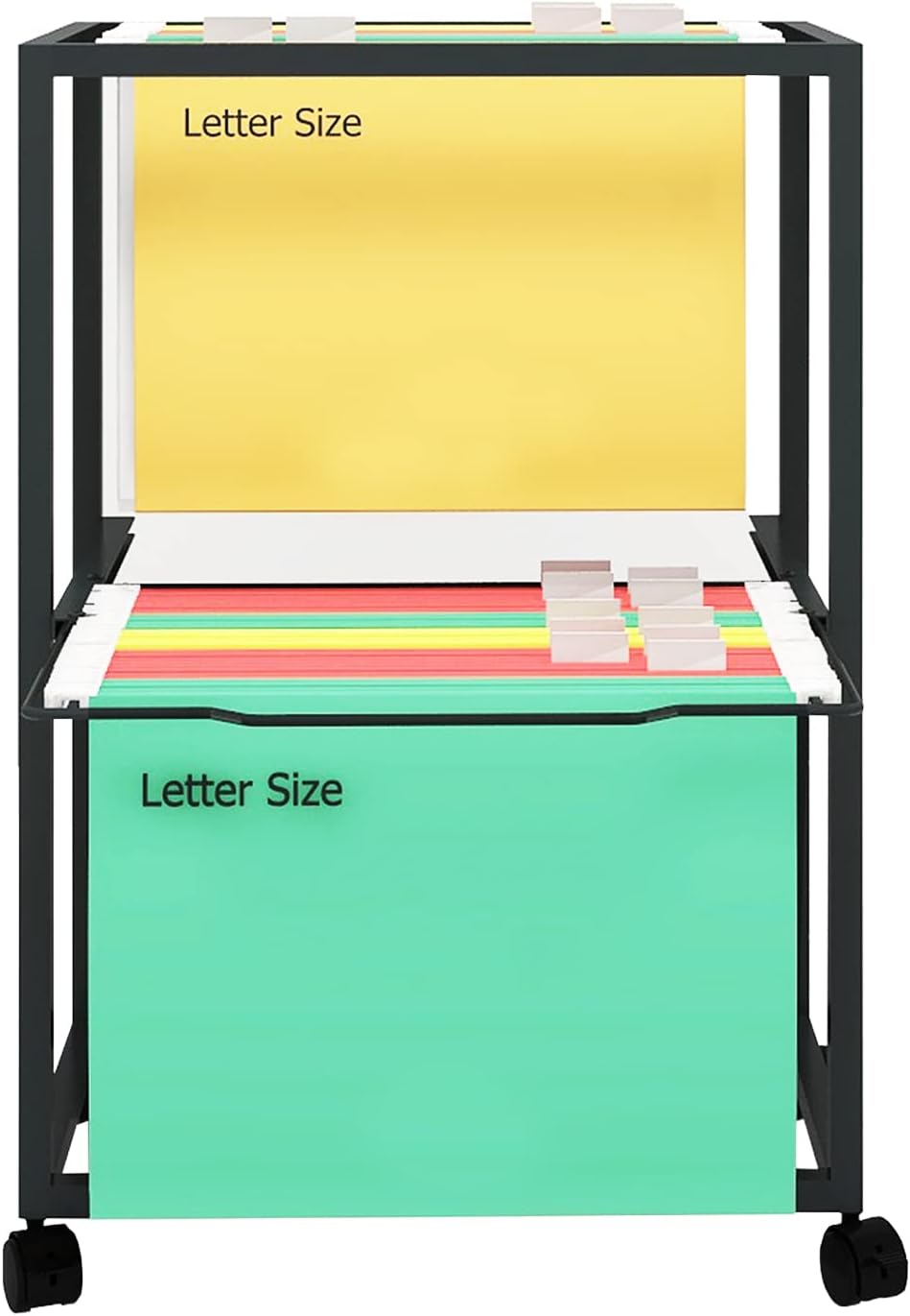PUNCIA 2 Tiers Metal Rolling File Carts with Wheels Hanging Files for Letter Size Movable Pull-Out File Folder Rack Drawer File Cabinet for Home Office