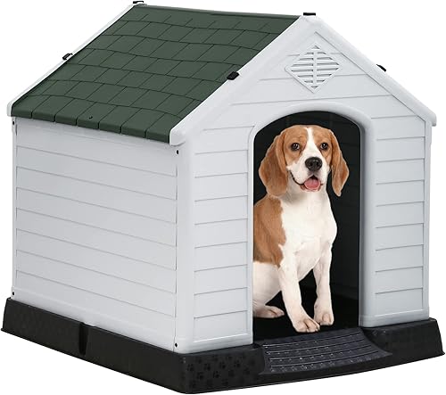 FDW Casa para perros para interiores y exteriores, duradera, ventilada, impermeable, de plástico, para perros pequeños, medianos y grandes, con