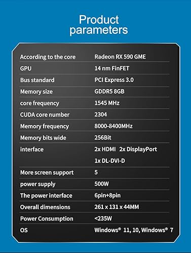 AMD Radeon RX590 2304sp 8GB gpu 256-Bit GDDR5 HDCP Ready CrossFireX Tarjeta gráfica de computadora PCIe 3.0 × 16 1340MHz Base Clock Video Gaming