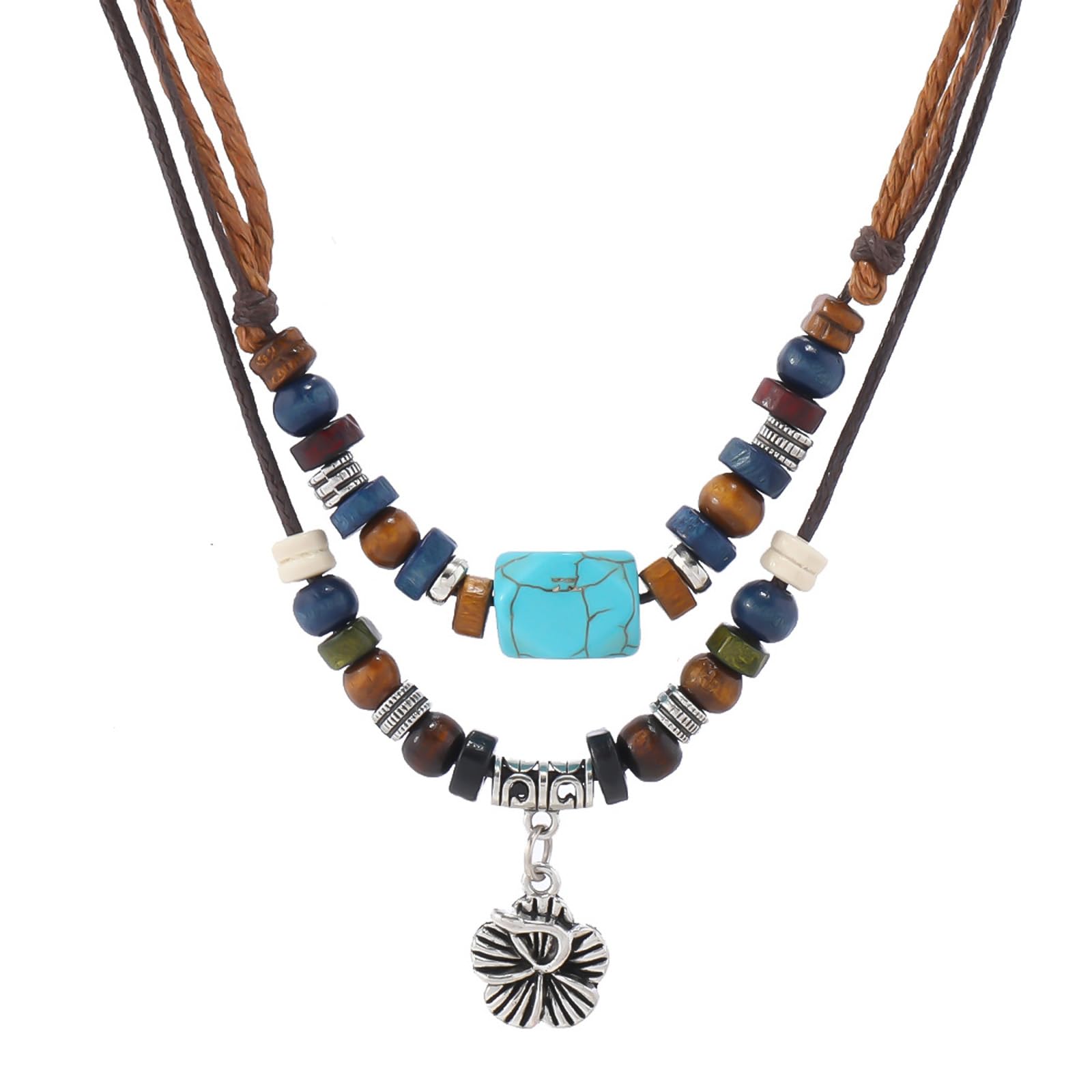HETICA Western Layered Boho Wood Beads Choker Necklace Luck Copper Coins Heart Shaped Flower Braided Necklace Retro Fashion Adjustable Hemp Cords Wood