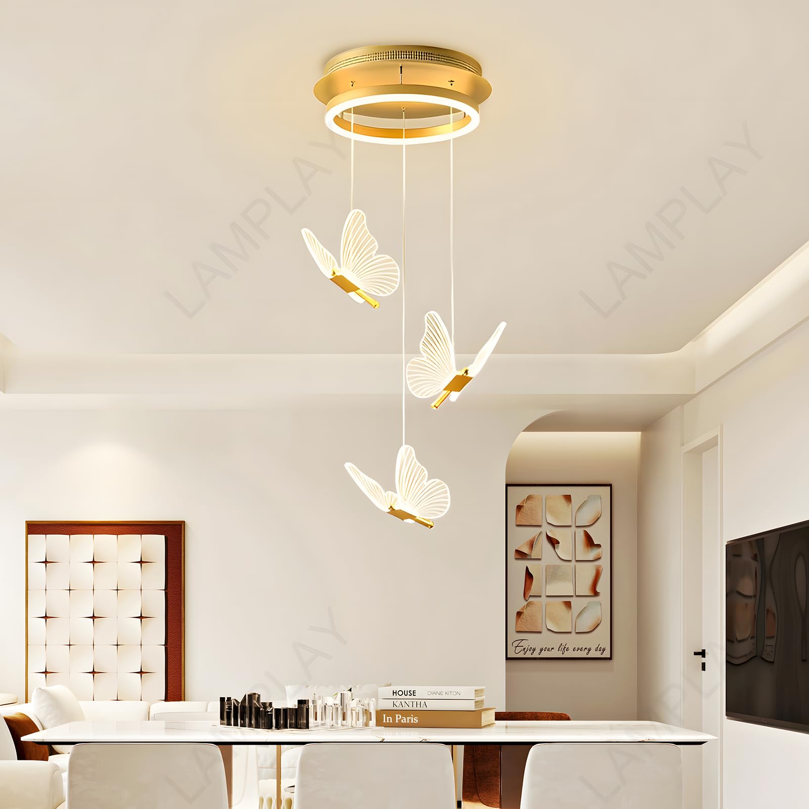 Lampadario Moderno A LED Dorato, Dimmerabile A 3 Luci A Forma Di Farfalla 3000K-6000K Con Telecomando, Lampada Da Soggiorno Regolabile In Altezza, Per Corridoio Sala Da Pranzo Scale Villa