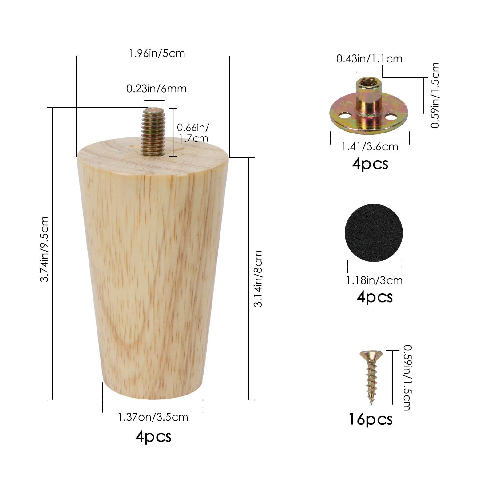 Zythrem Wooden Furniture Legs 8cm/3 inch Wooden Sofa Legs Bed Leg Set of 4 Chair Leg Table Cabinet Leg Replacement Furniture Feet Mounting Plates Screws Protection Pad for Sofa Couch Bed TV Stand - Image 2
