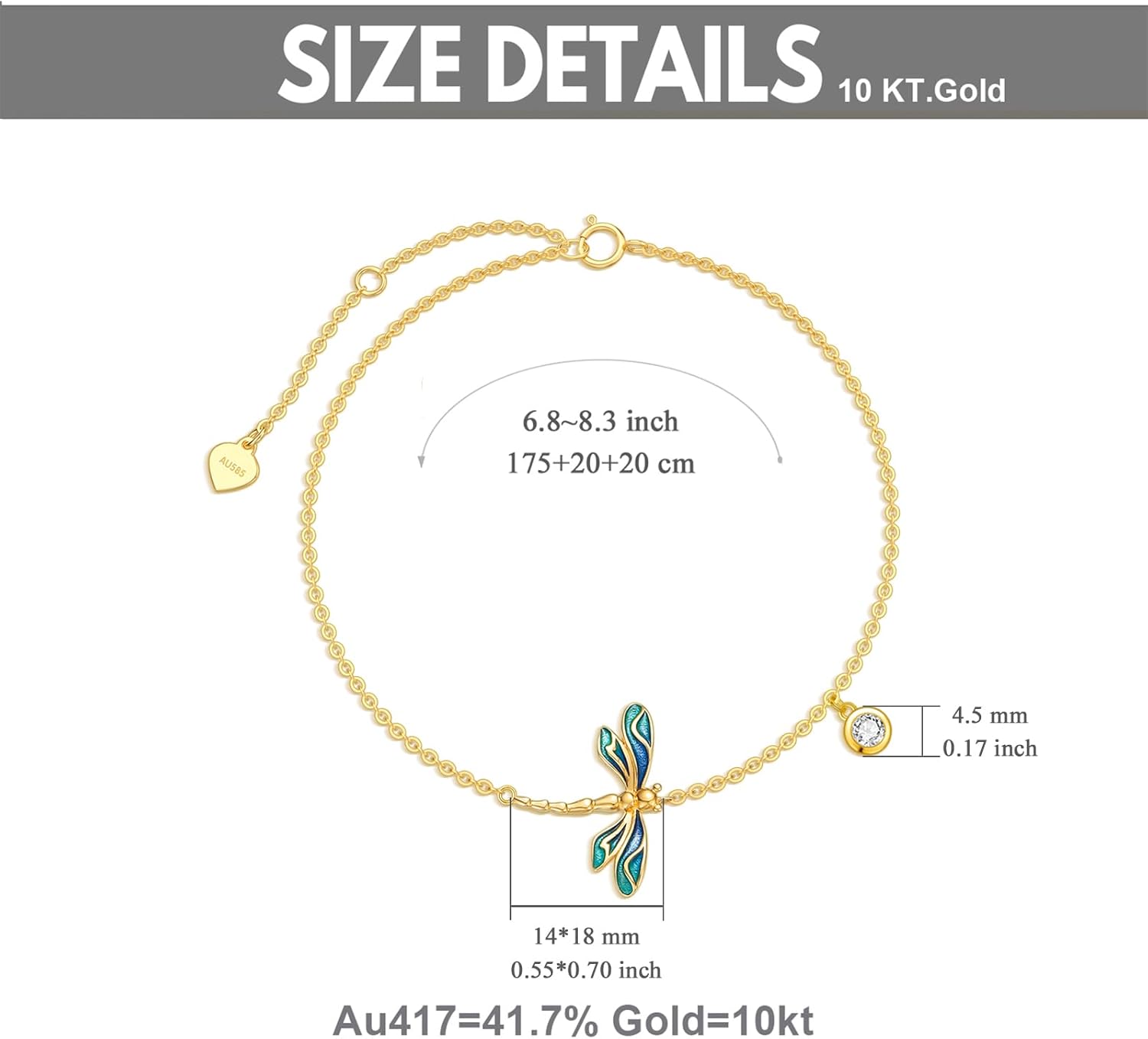 SISGEM 10k Gold Dragonfly Bracelet for Women, Solid 10 Karat Gold Animal Lover Wrist Jewelry Gifts for Her, 6.8"+0.8"+0.8"