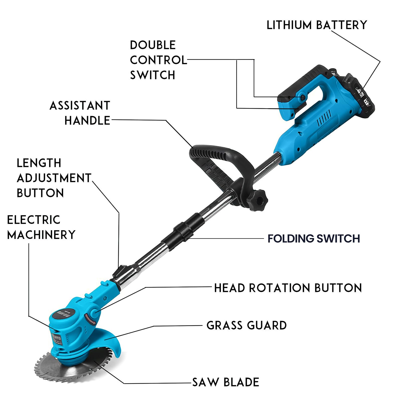 Débroussailleuse électrique portable avec 2 batteries – 800 W & 21 V puissante, design de chute, tige télescopique (90-120 cm), chargeur de 15 cm de diamètre, 8 lames – Idéal pour jardin, cour