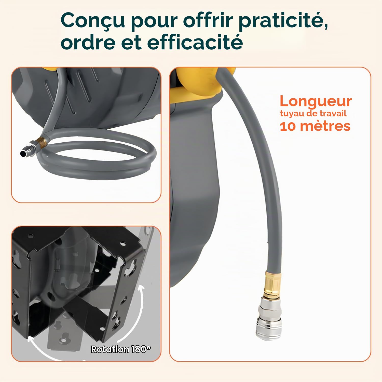 Enrouleur de tuyau d'air comprimé de 10 m avec rembobinage automatique, tuyau pour compresseur d'air en PVC résistant, montage mural ou plafond, compact et flexible