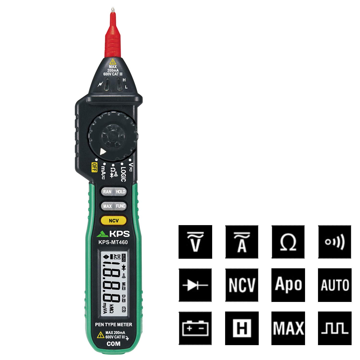 KPS-MT460 Multimetro digitale portatile a penna con NCV (rilevamento senza contatto) Tester elettrico 2000 conteggi AC/DC Tensione 600V Corrente 200mA Resistenza 20MΩ Test diodo e continuità