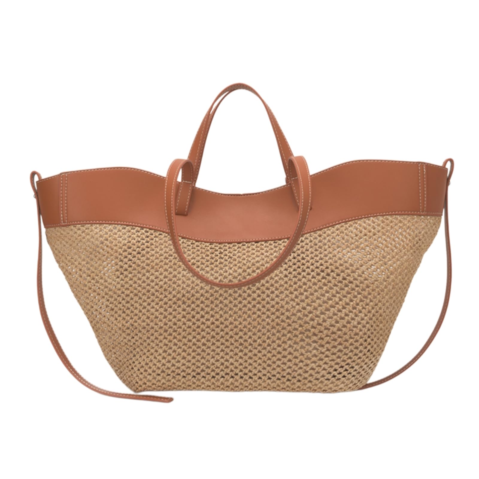 Borsa Spalla Paglia A in Rete Tessuta Impilata con Cinturine Doppia Maniglia per Passeggiate sul Mare Mercato di Acquisto Stoccaggio Giornaliero All'aperto-Large Brown-Large(Max Length>50cm)