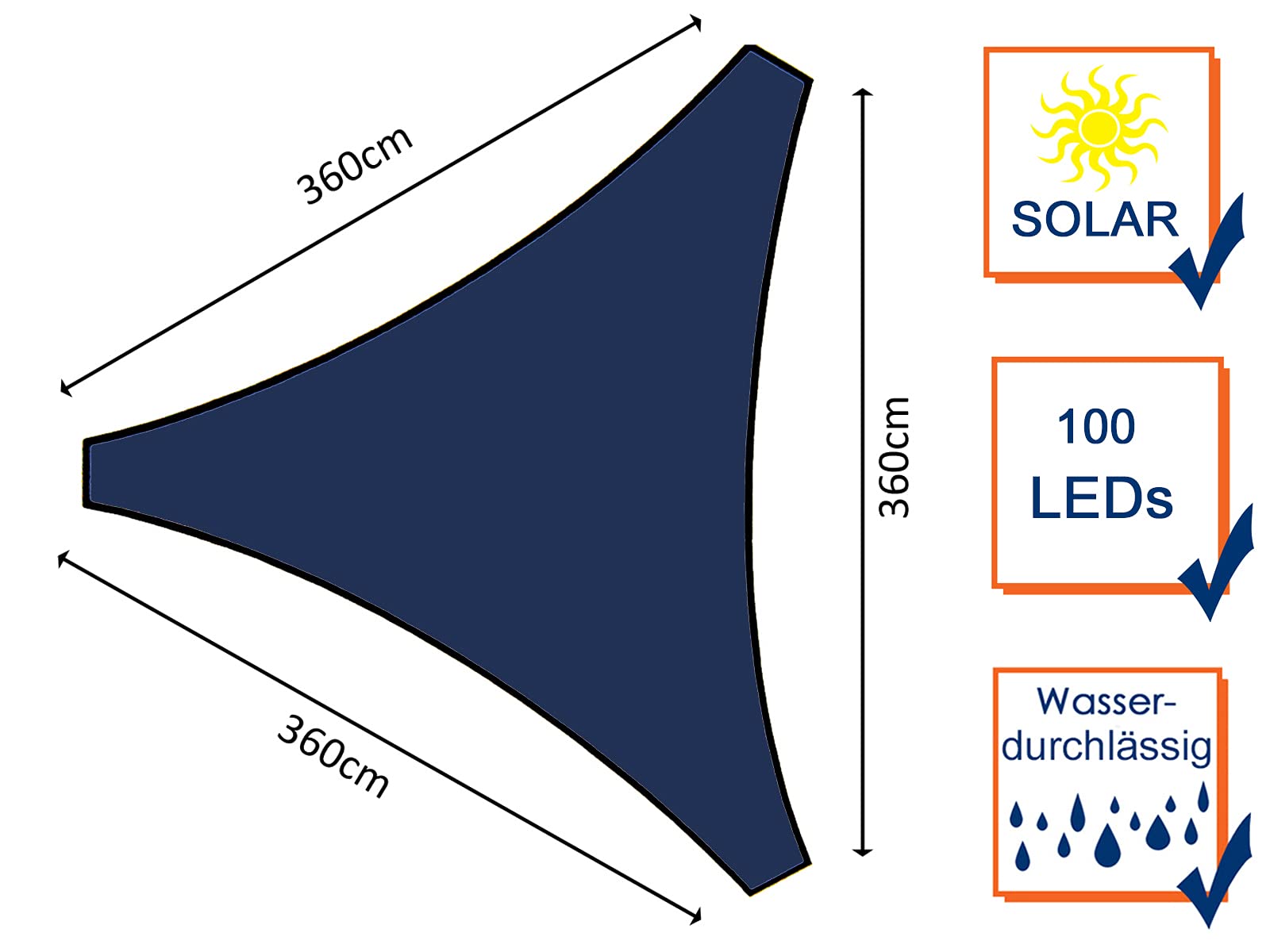 Solar Sonnensegel Dunkelblau Dreieck LED Sternenhimmel 3,6 m - wodoodporny - z opróżnianiem