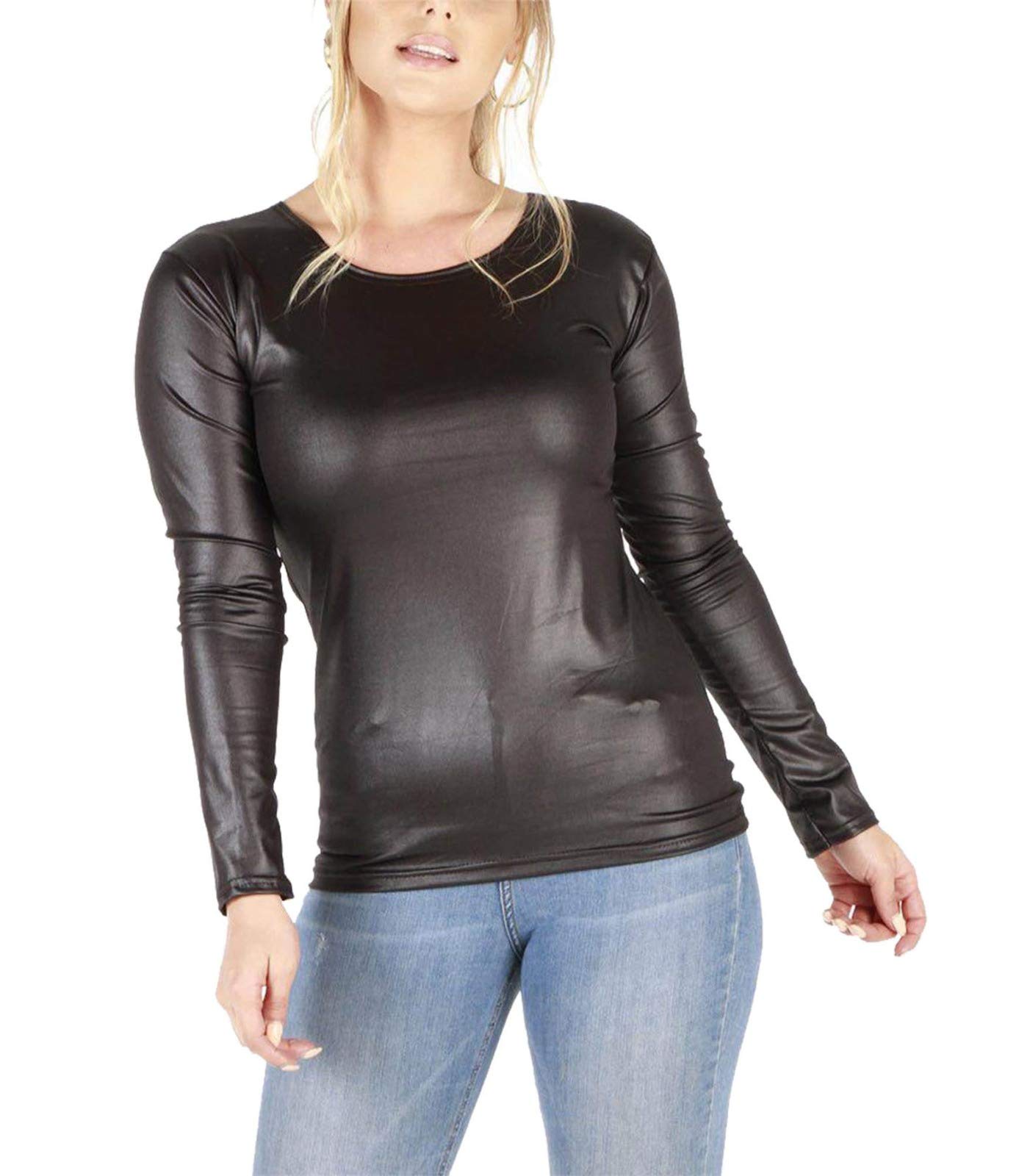 New Women Ladies PU PVC Wet Leather Look Bodycon Mini Midi Dress Tunic Top Peplum Skater Maxi Skirt Leggings (Long Sleeve t-Shirt, 8-10)