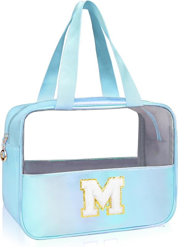 Necessaire transparente azul Junesters com inicial, zíper e patch Chenille, tamanho M