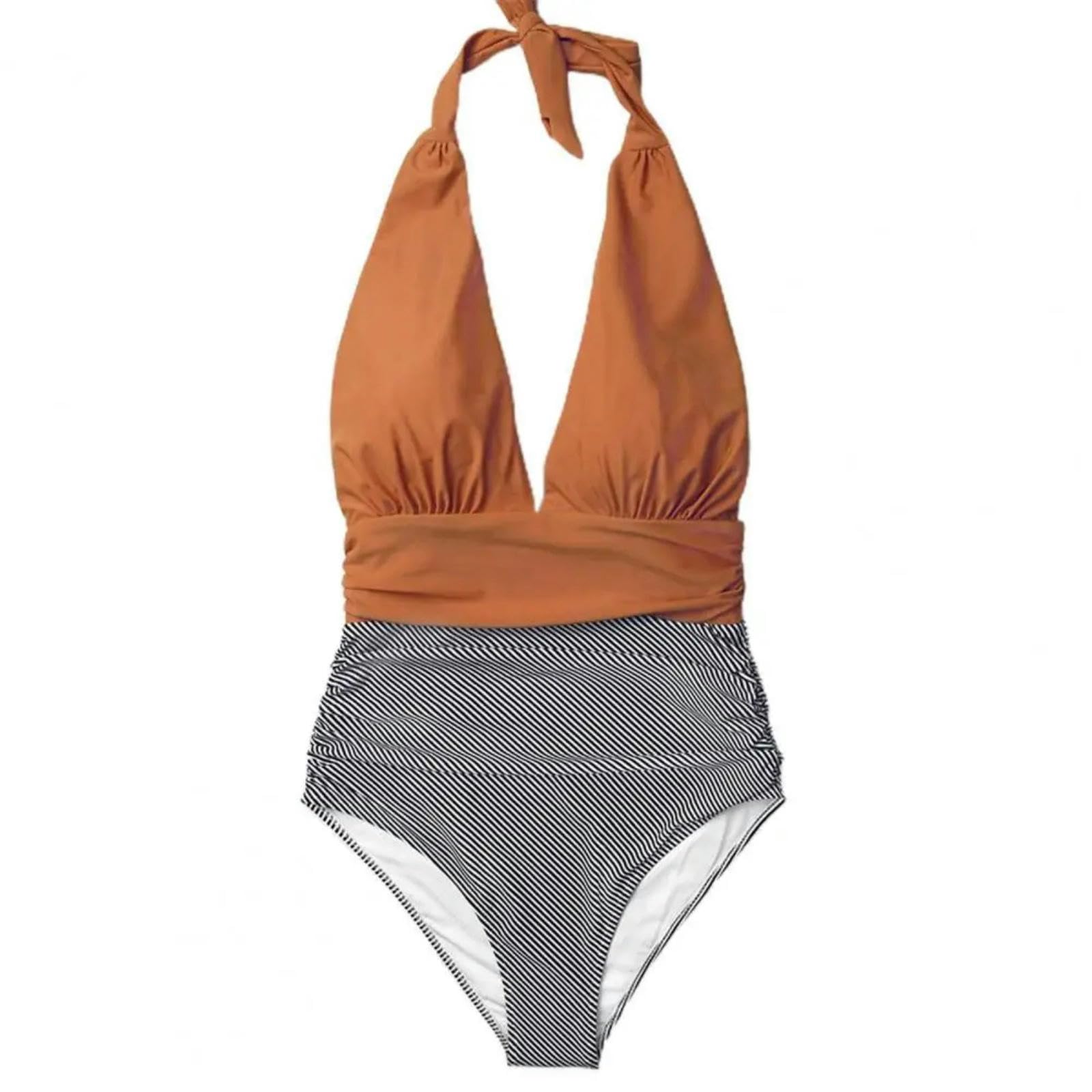 Damskie bikini damski jednoczęściowy strój kąpielowy wiązany na szyi marszczony kontrola brzucha kostiumy kąpielowe kostiumy kąpielowe-pomarańczowy-M