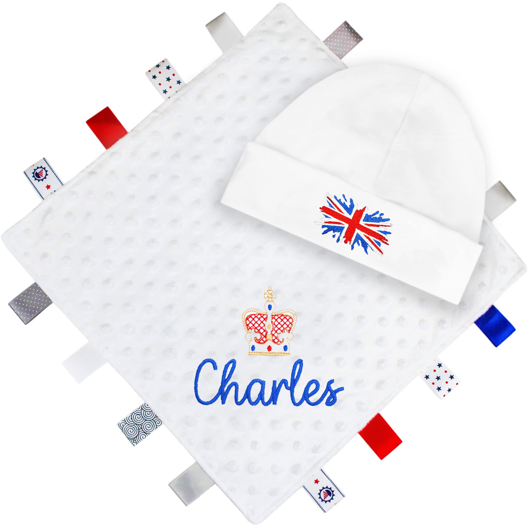 Teddyt's White Personalised Union Jack Crown Coronation Taggy Ribbon Comforter Blanket & Baby Hat Gift Set