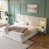 Olodumare Luxurious Queen Platform Bed Frame, Velvet Upholstered Headboard with 2 Built-in Wall Sconces & Nightstands, Sturdy Metal & Solid Wood Frame, Squeak-Free, No Box Spring Needed, Beige White