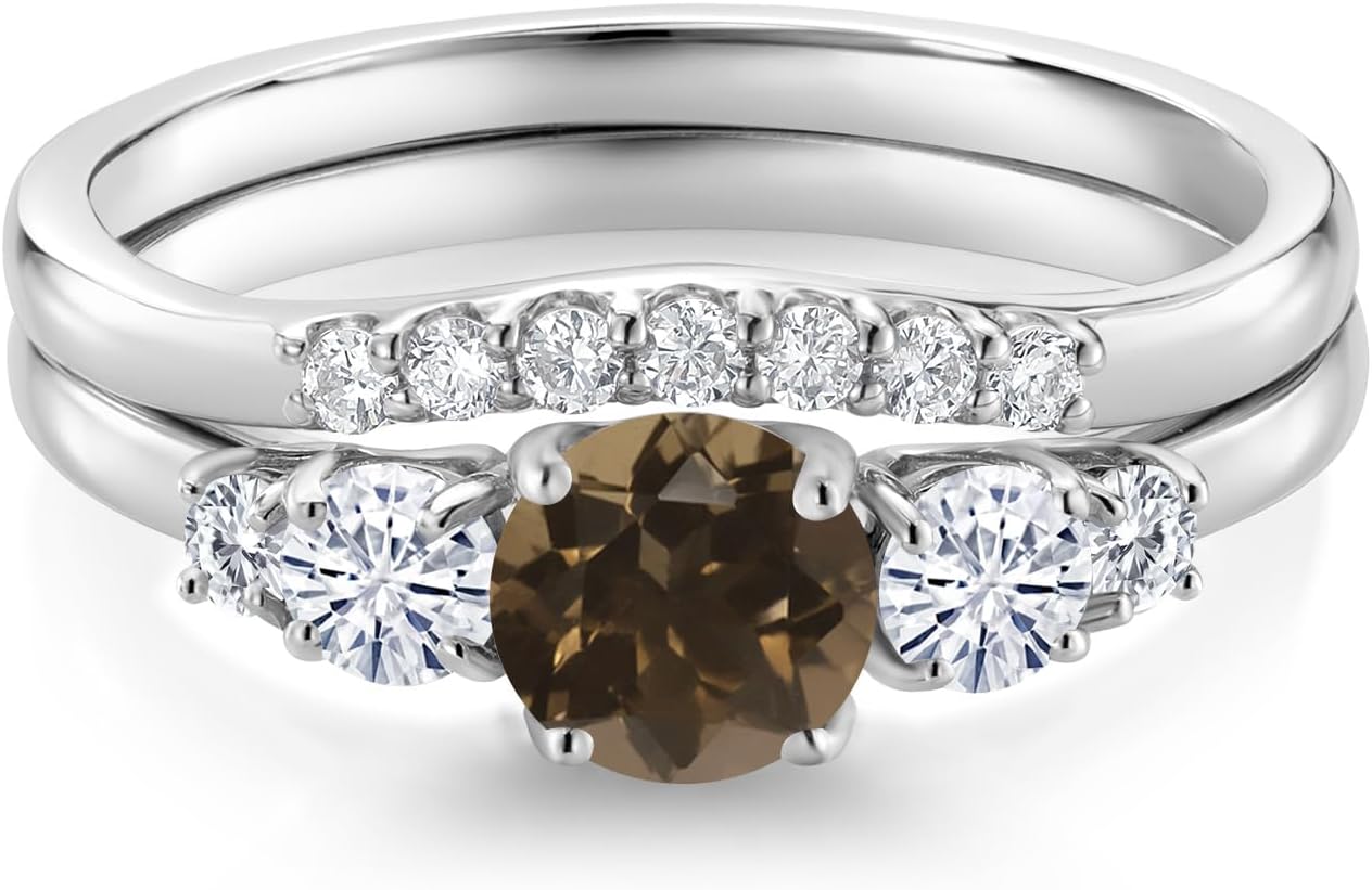 Gem Stone King 10K White Gold Brown Smoky Quartz White Moissanite and White Lab Grown Diamond 5 Stone Bridal Engagement Wedding Ring Set For Women (0.81 Cttw, Round: 5MM and 3MM)
