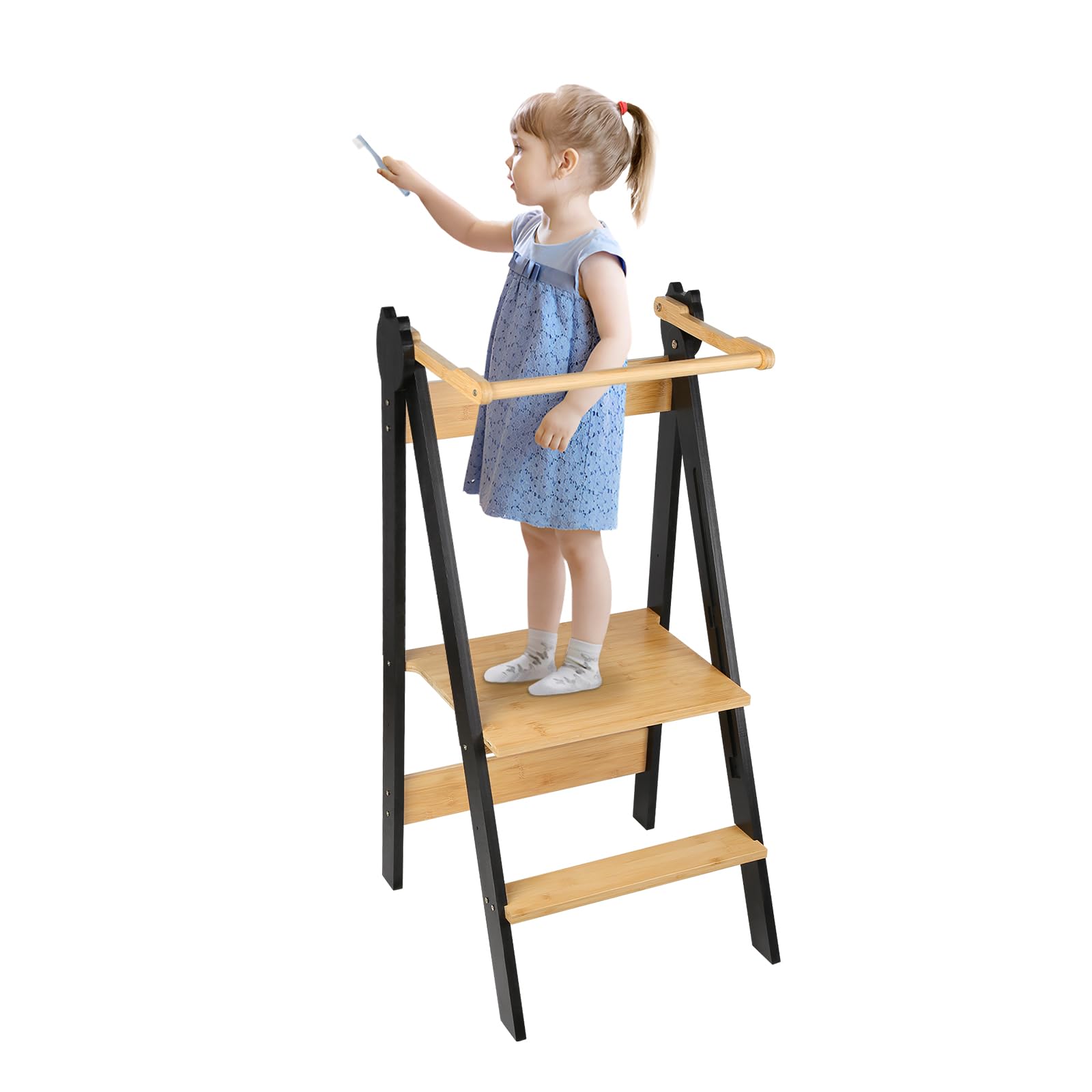Tour d Observation Enfant, Tour Montessorienne d'apprentissage Pliable Multi-usages Tour d'apprentissage en Bois Naturel de Bouleau, Pliable, Sécurité-88 * 45 * 45 cm-café Noir
