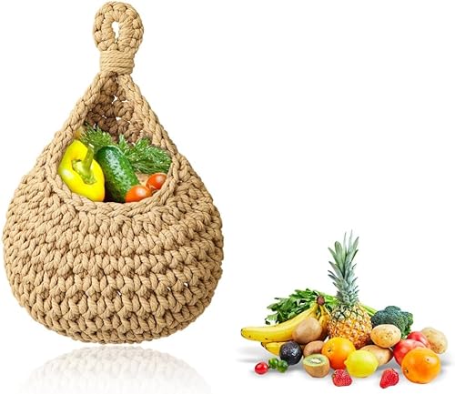 Vista 13 de Cesta colgante de frutas para cocina, cesta de frutas para colgar en la pared, cesta de frutas y verduras tejida a mano, cesta colgante de yute