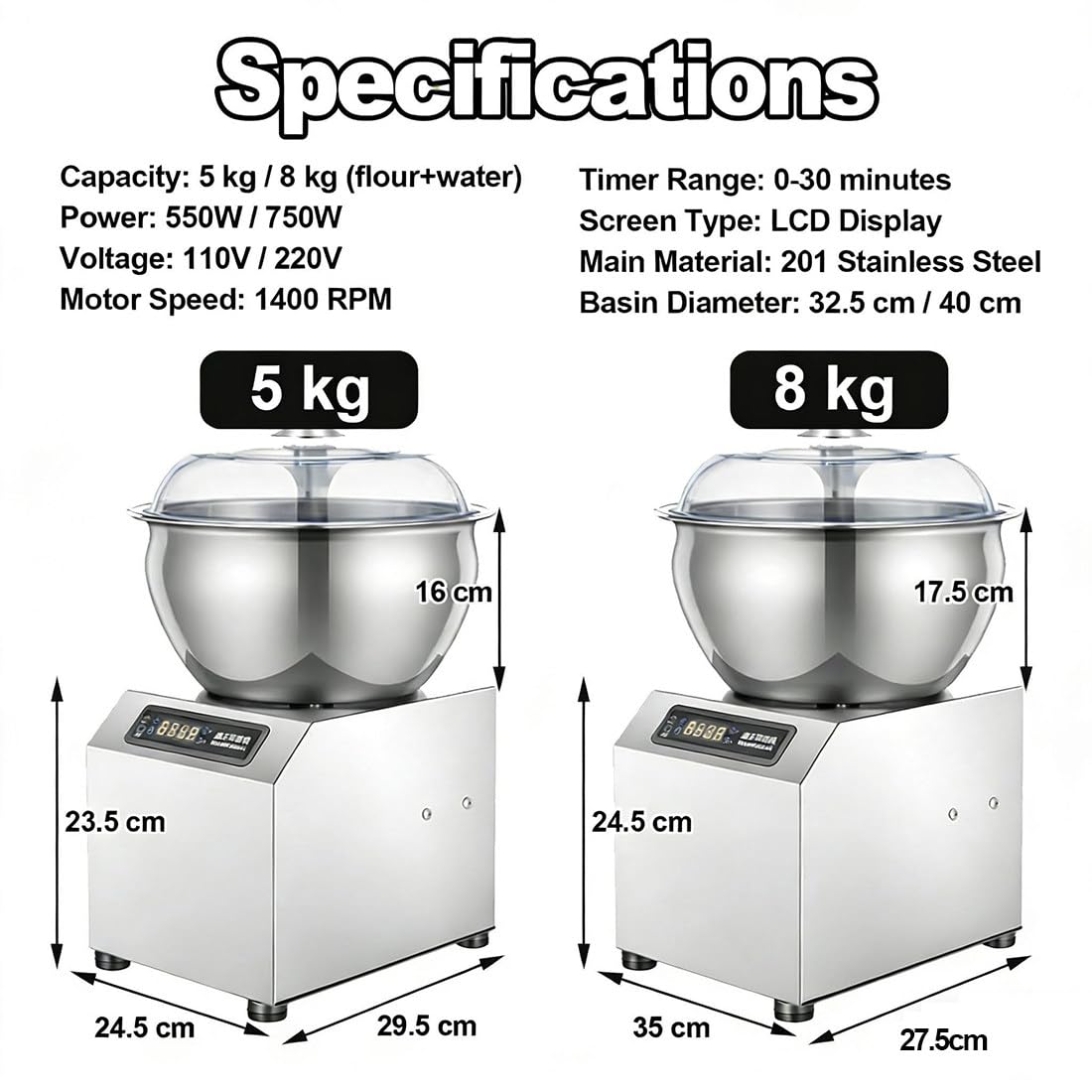 Impastatrice a Spirale Commerciale 5kg/8kg,2200w 5kg | Macchina per Impastare in Acciaio Inossidabile,Elettrica Con Ciotola Acciaio Inossidabile,Per Impieghi Gravosi in Pizzerie