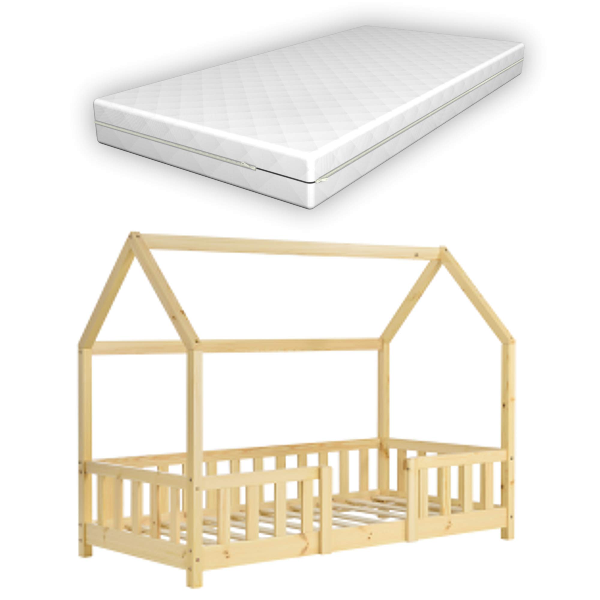 Letto per Bambino a Forma di Casetta con Barriera Anticaduta e Materasso 160x80 cm Lettino in Legno di Pino con Sponde/Sbarre di Sicurezza - Color Legno Naturale