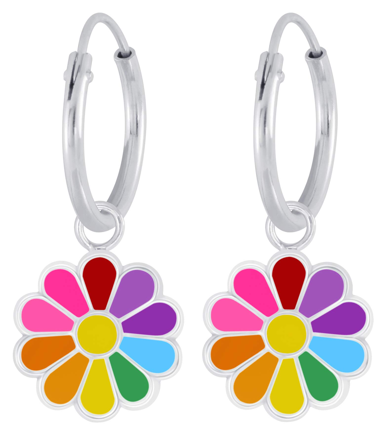 Aww So Cute92.5-925 Sterling Silver Multicolour Flower Charm 12mm Hoop Earrings for Kids Girls Pure Silver (ER1729)