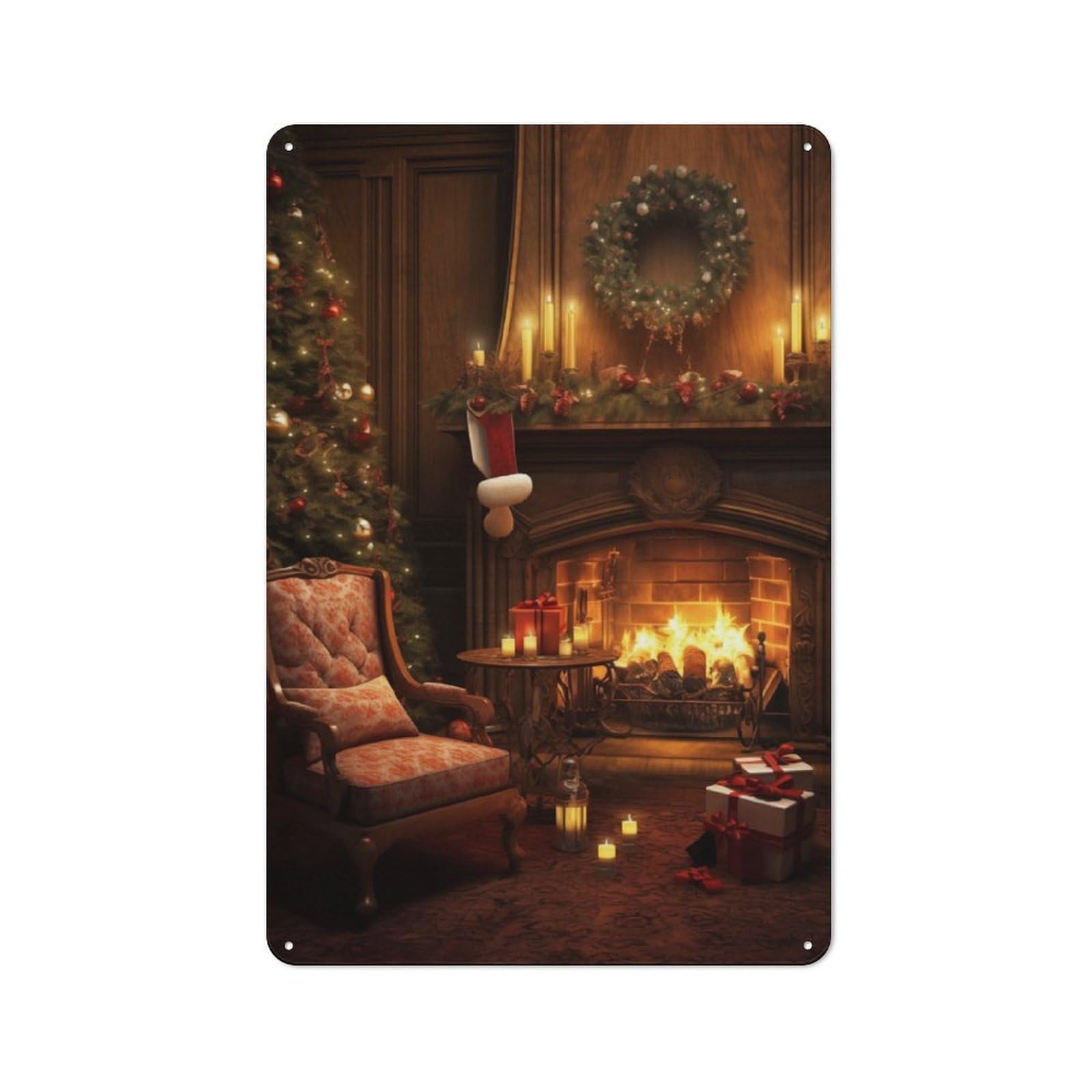 Junmoney Christmas Fireplace Retro-Style Metal Plaque 30X20cm For Kitchen Or Home Bar, Gift For Home Bar Enthusiasts During The Christmas Season