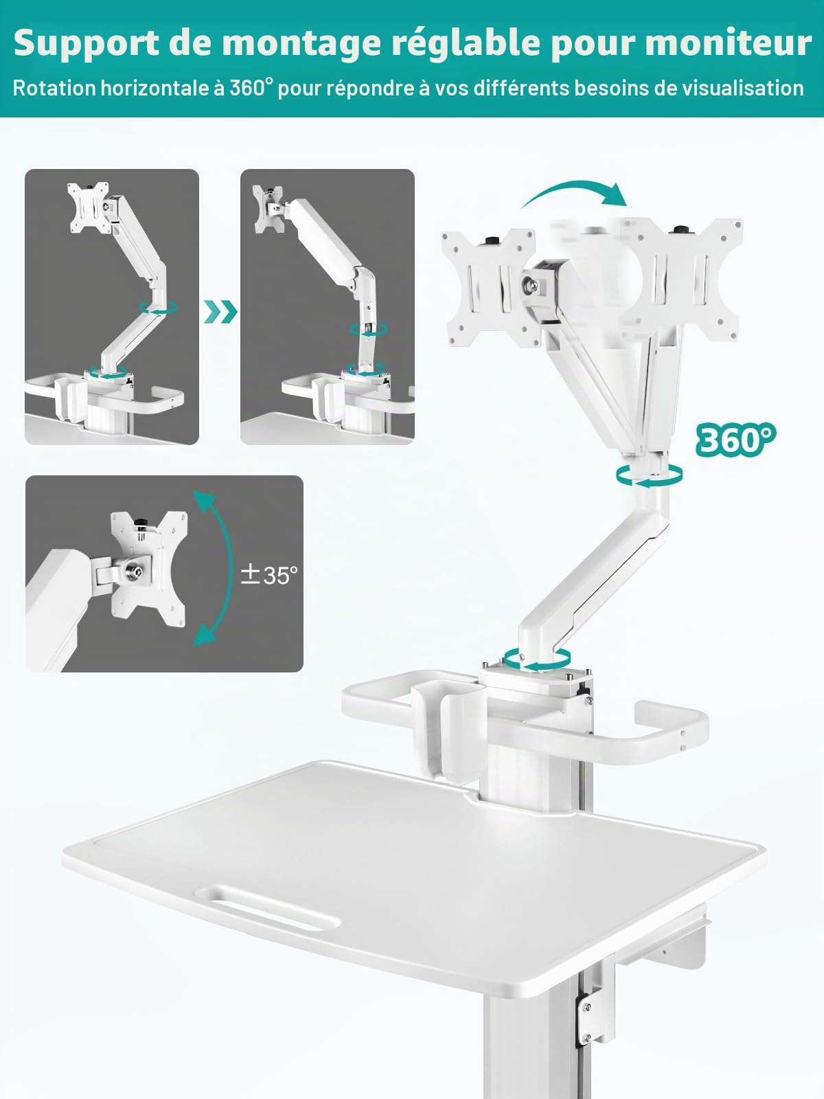 Kalolary Chariot Médical avec Support pour Moniteur, Poste de Travail Médical Mobile Réglable en Hauteur avec Support pour Scanner Oral, Chariot Dentaire à roulettes pour Hôpital et Laboratoire