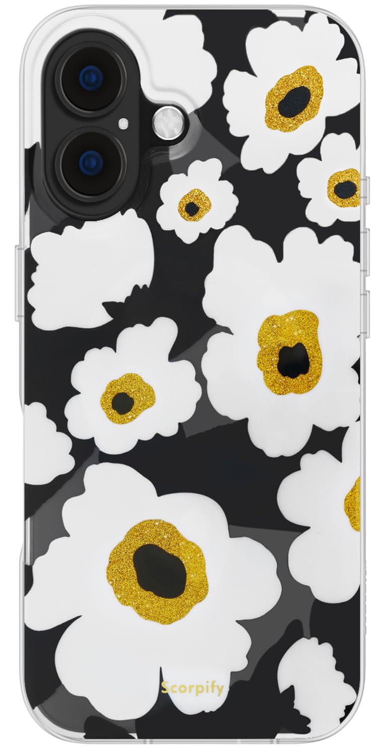 SCORPIFY for iPhone 17 Case [Compatible with MagSafe] with Black Corn Poppy Floral Design, Cute Clear Flower Magnetic Phone Cover for Women Girls, Slim Bumper with Gold Accents